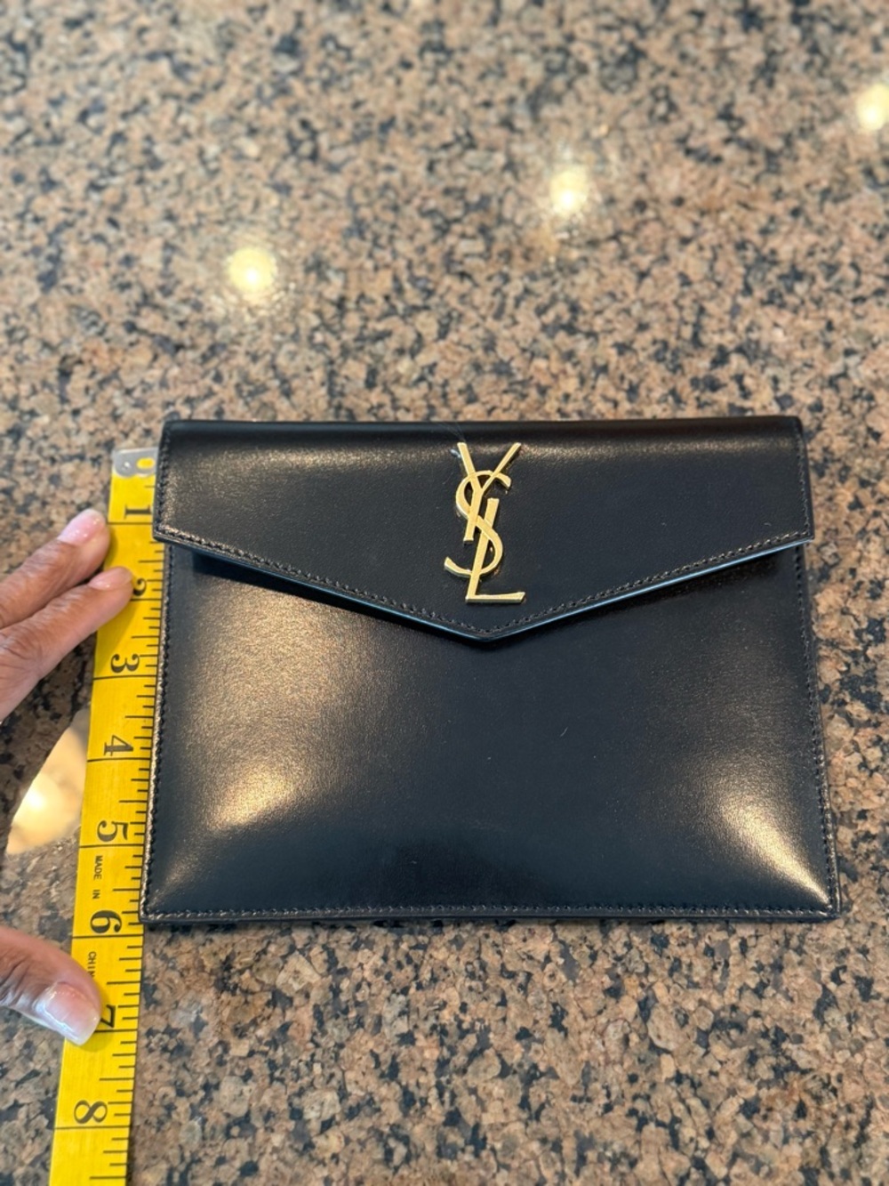 Saint Laurent Black Leather Envelope Clutch with Gold YSL Logo - Picture 2 of 8